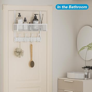 Over The Door Hooks, Door Hanger Towel Rack with 1 Basket, Over Door Organizer for Bathroom White