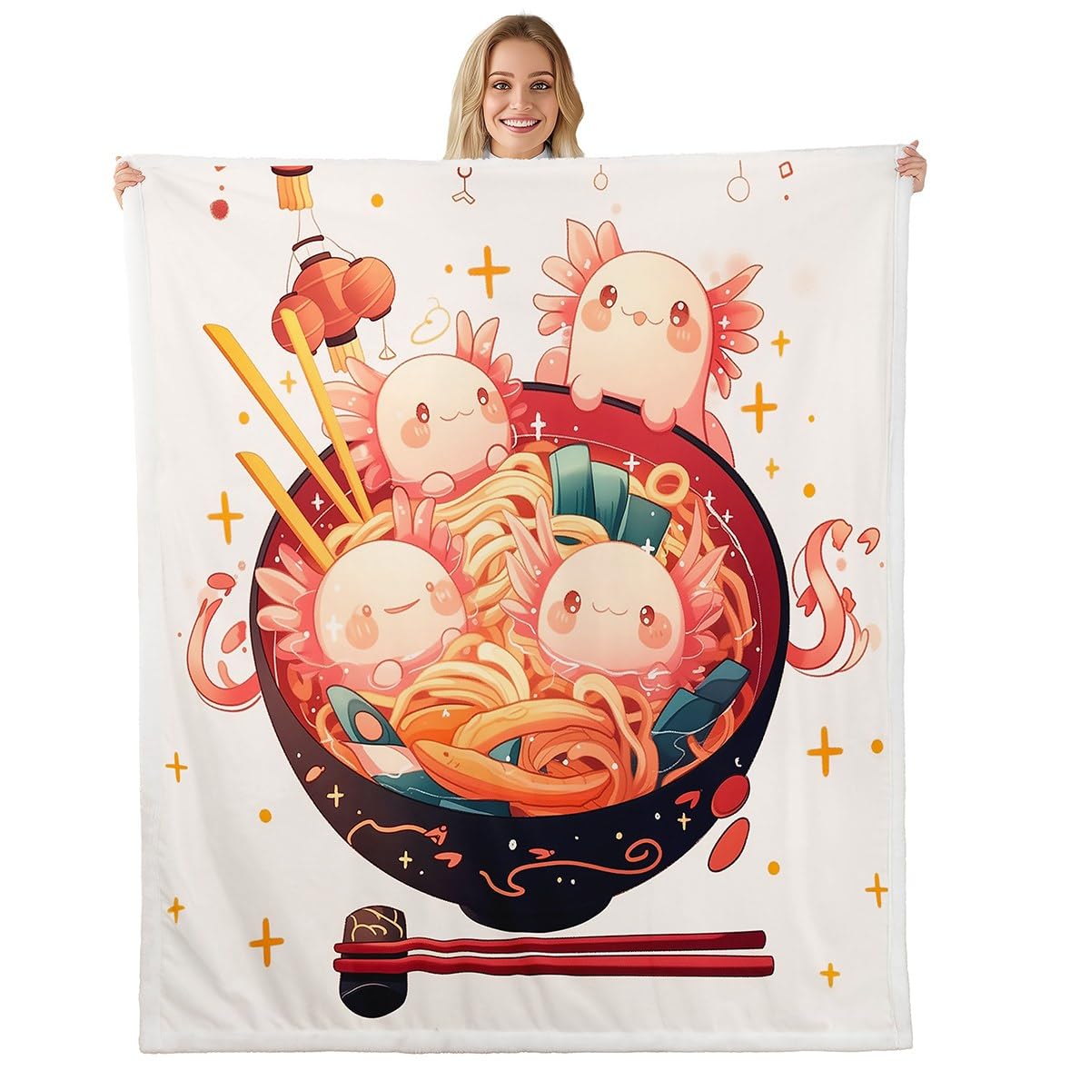 Homemissing Axolotl Wohndecke Cartoon Salamander Decke 220x240cm für Kinder Jungen Mädchen Japan Lamian Nudeln Flanell Fleecedecke Ozeantier
