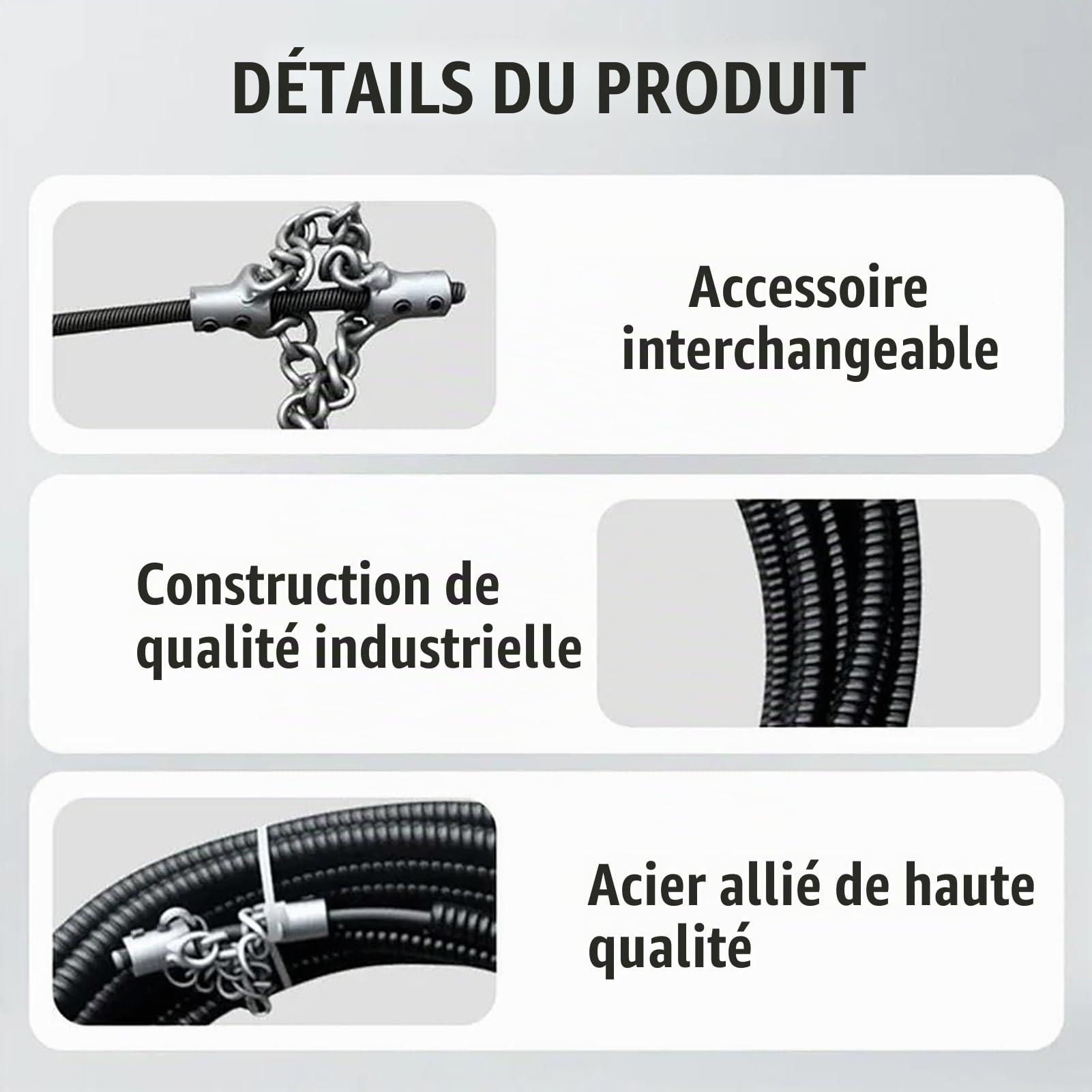 GAOXIAO Furet Électrique Deboucheur Canalisation Professionnel, Chaîne de Détartrage D'égout Flex-Shaft, pour Canalisations en PVC Toilettes Bacs Graisse Chaudières 10 m