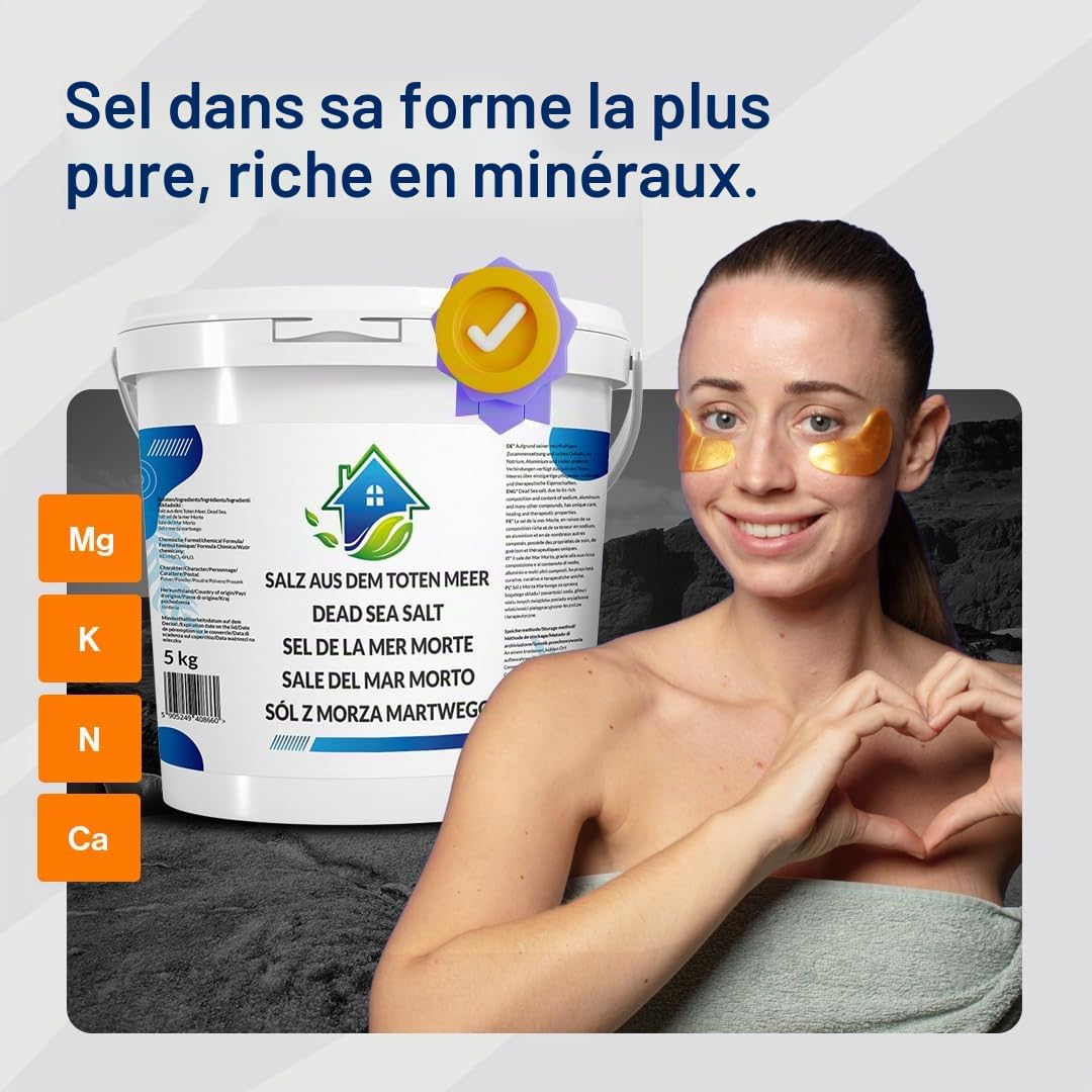 Sel de bain de la mer morte grossier 5 kg naturel inodore bain complet | Seau en polyéthylène haute densité recyclable - Soin corporel - Exfoliant pour bain de pieds - Sans additifs