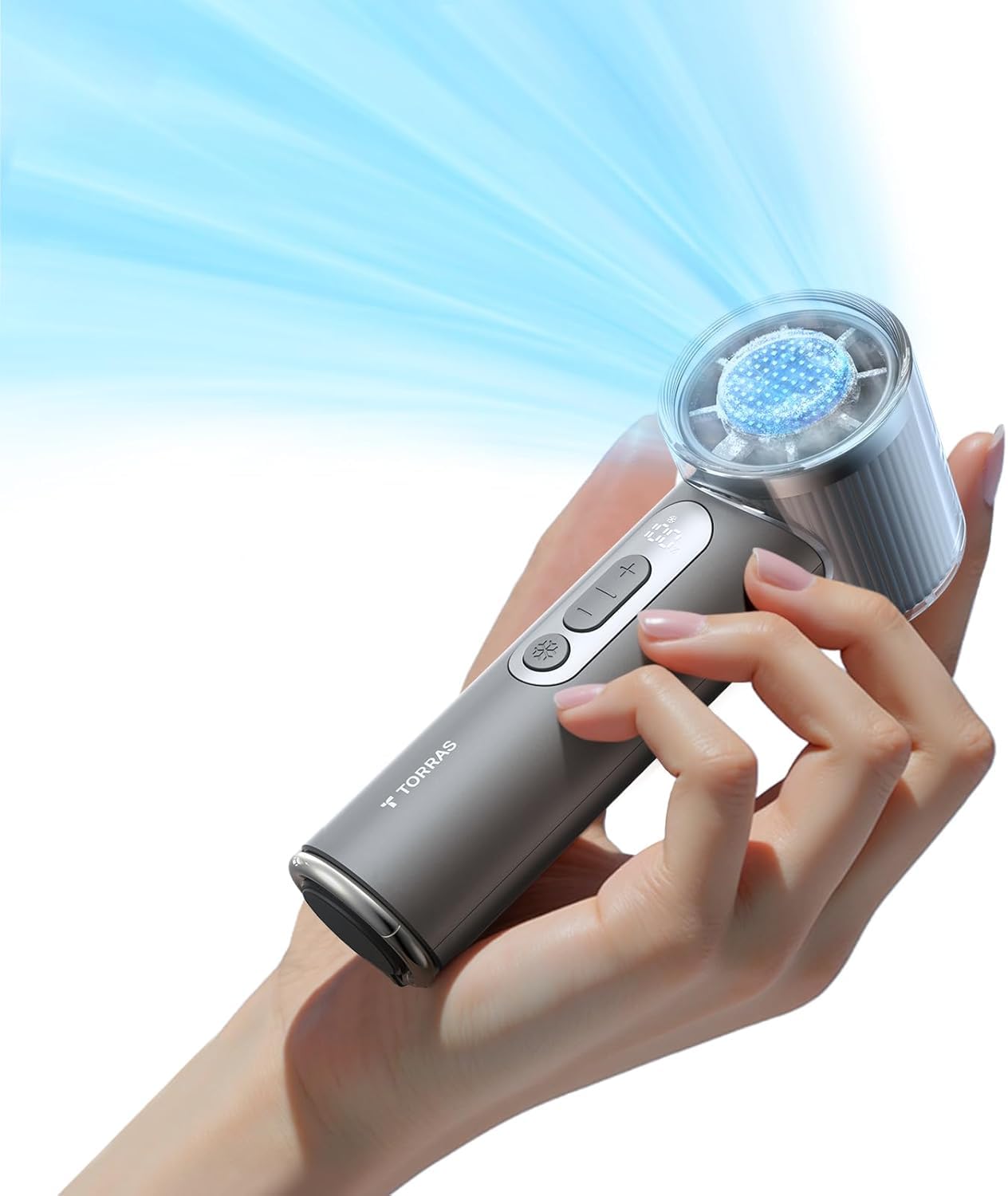 TORRAS Coolify iva - Ventilatore portatile con refrigeratore per il ghiaccio, raffreddamento di 10 °C, velocità regolabile da 0 a 100, super mini ventilatore portatile 4900 mAh, ricaricabile, ventole