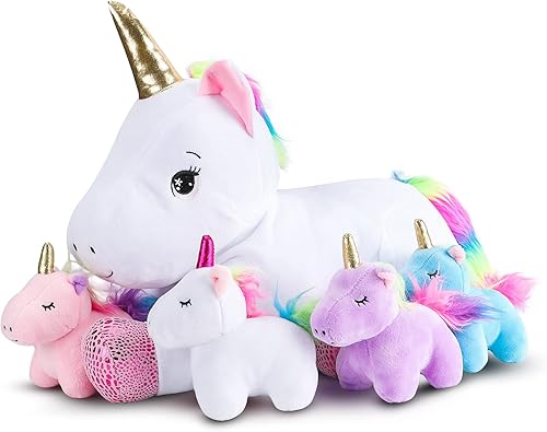 Miniatura 3 de Juego de animales de peluche de unicornio de 16 pulgadas, regalos de juguete de unicornio para niñas, unicornio de peluche con 4 unicornios de