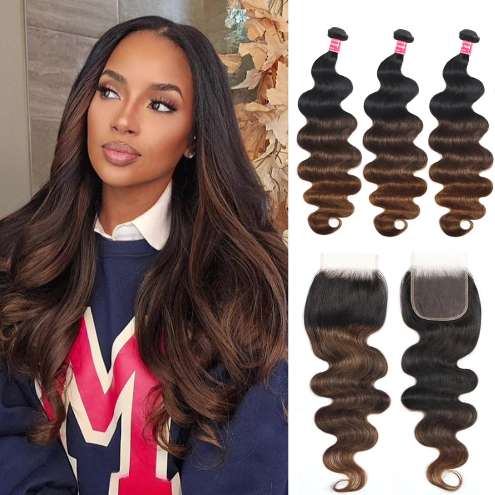 Image of UNICE 12A Body Wave Human Hair Bundles with 4x4 Lace Closure 18 20 22+18 inch 100% Brazilian Virgin Hair Weave Extensions Tangling-Free Shedding-Free Ombre Chestnut Brown Color