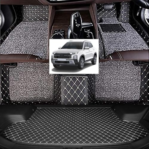 Image of Vahan Expo Premium 7D Car Mat Full Set for Creta New with Boot Mat || Luxury Double-Stich 7D Car Floor Mat Complete Set || 100% Waterproof and Washable || Black