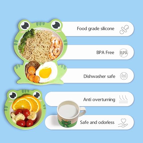 Miniatura 3 de Juego de platos y tazones para niños, plato y tazón de rana pequeña, juego de vajilla para niños pequeños, platos de autoalimentación para niños,