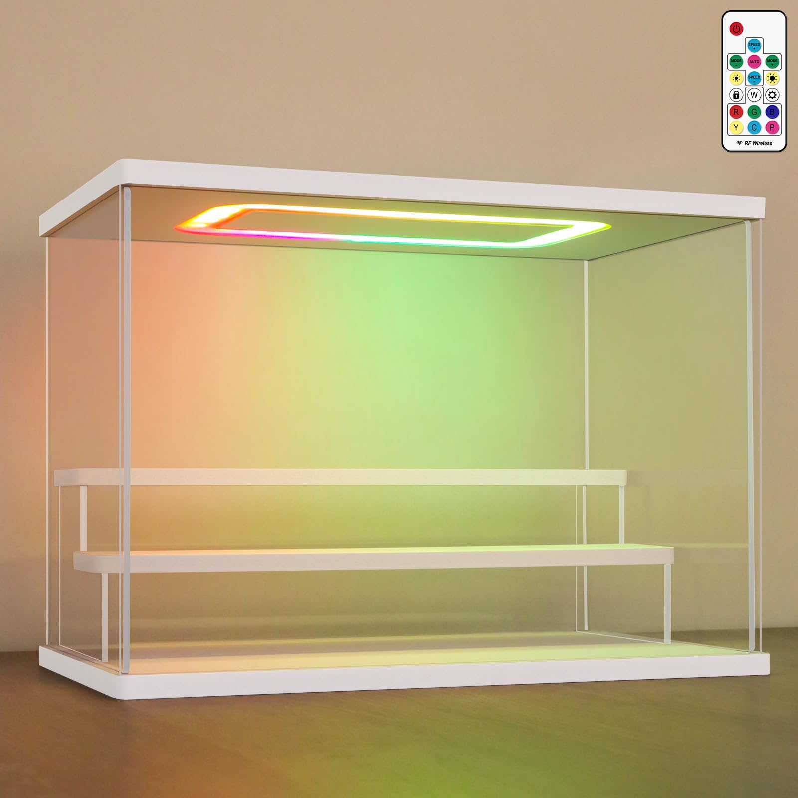NONEMEY Clear Acrylic Display Case Stand with Led RGB Light 3/4/5/6 Tier Storage Box Showcase Dustproof Organizer Box for Collectibles (White 3Tier 12.4x7x9inch,31.5x18x23cm)