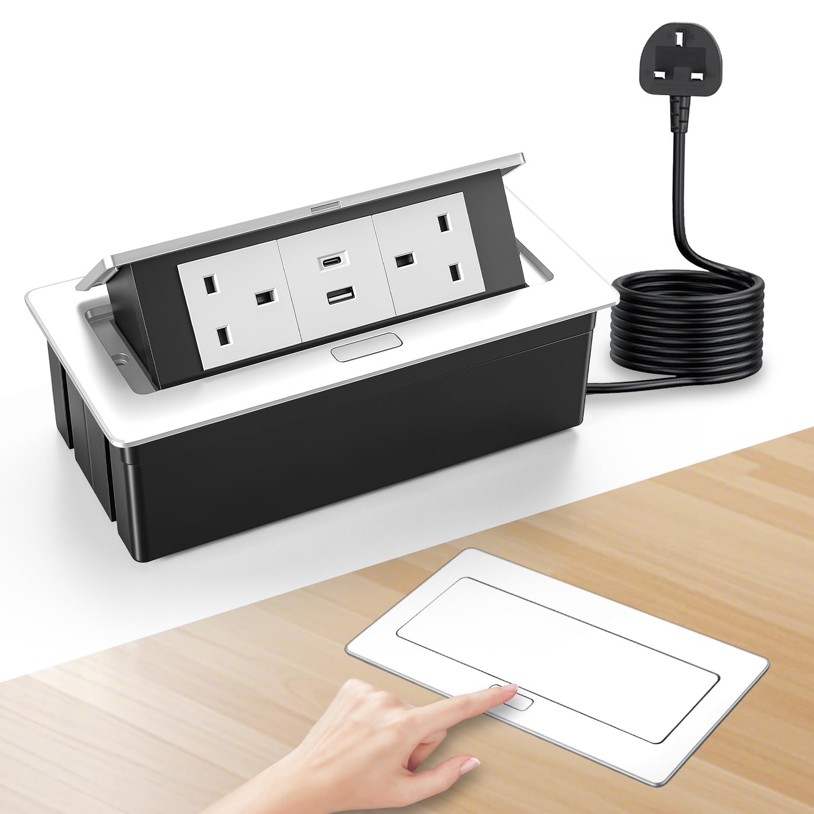 Desktop Power Socket with USB-C & USB-A, Pop Up Recessed Desk Socket with 1.5M Extension Cable, Aluminium Hidden Power Outlet with 2 UK Plugs for Kitchen Worktop Office Desk (White) — image 1