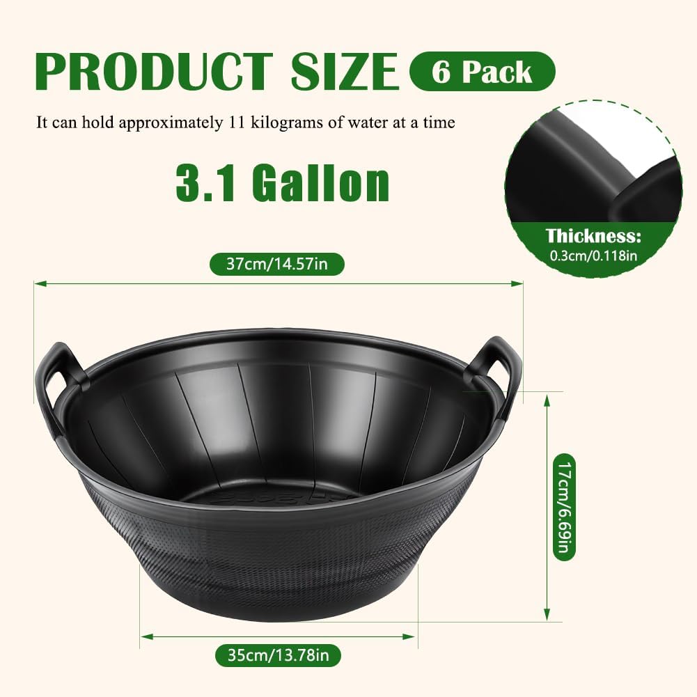 6Pcs Rubber Feeder Pan, 3.1 Gallon Large Horse Feed Bucket, Heavy Duty Rubber Water Bowl for Livestock, Stackable Chicken Dust Bath Tub for Goats Livestock Animal Feeding Cats Dogs Pigs