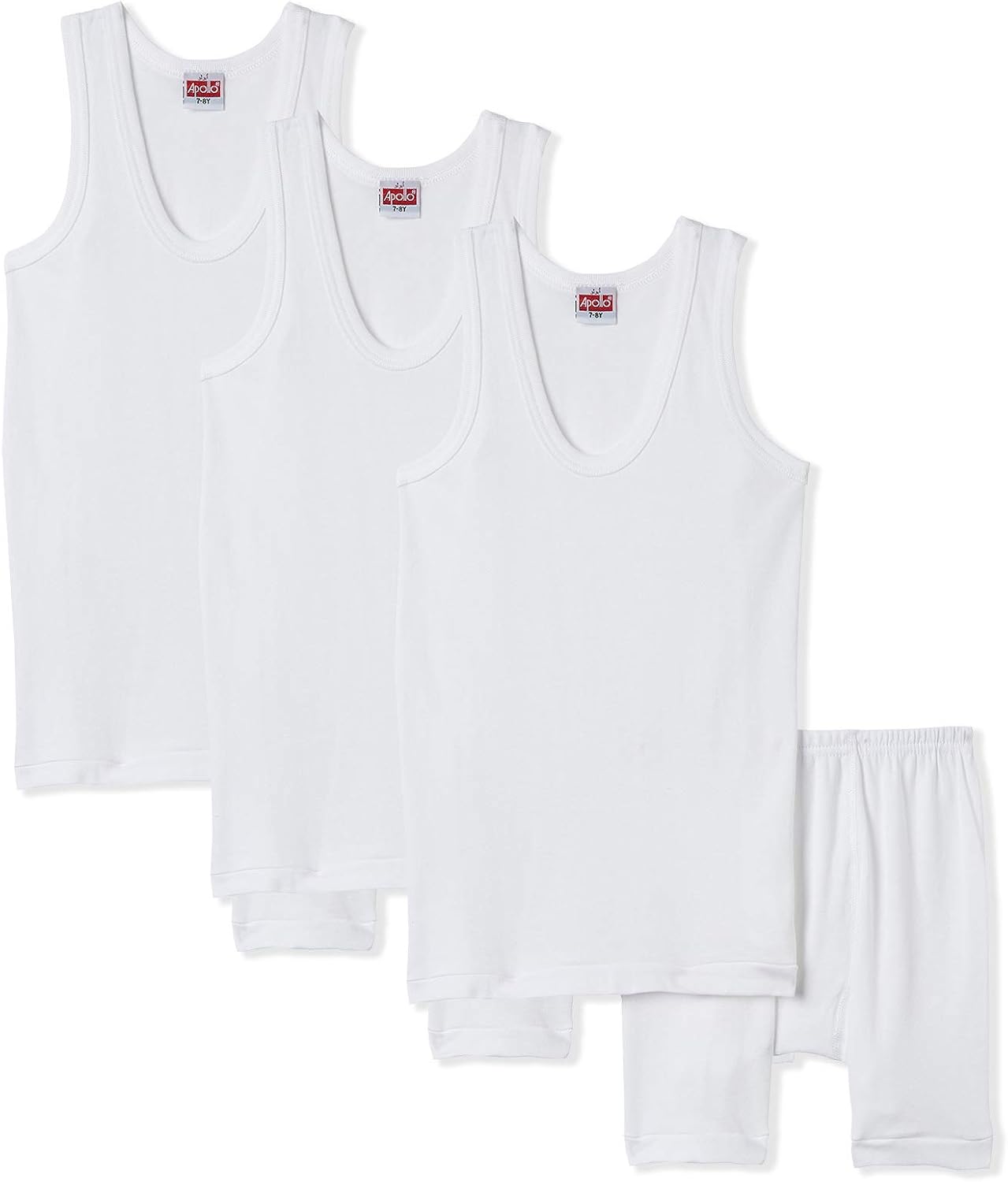Apollo White Cotton Vest and Boxer Brief Underwear Set For Boys Pack of 3 Sets