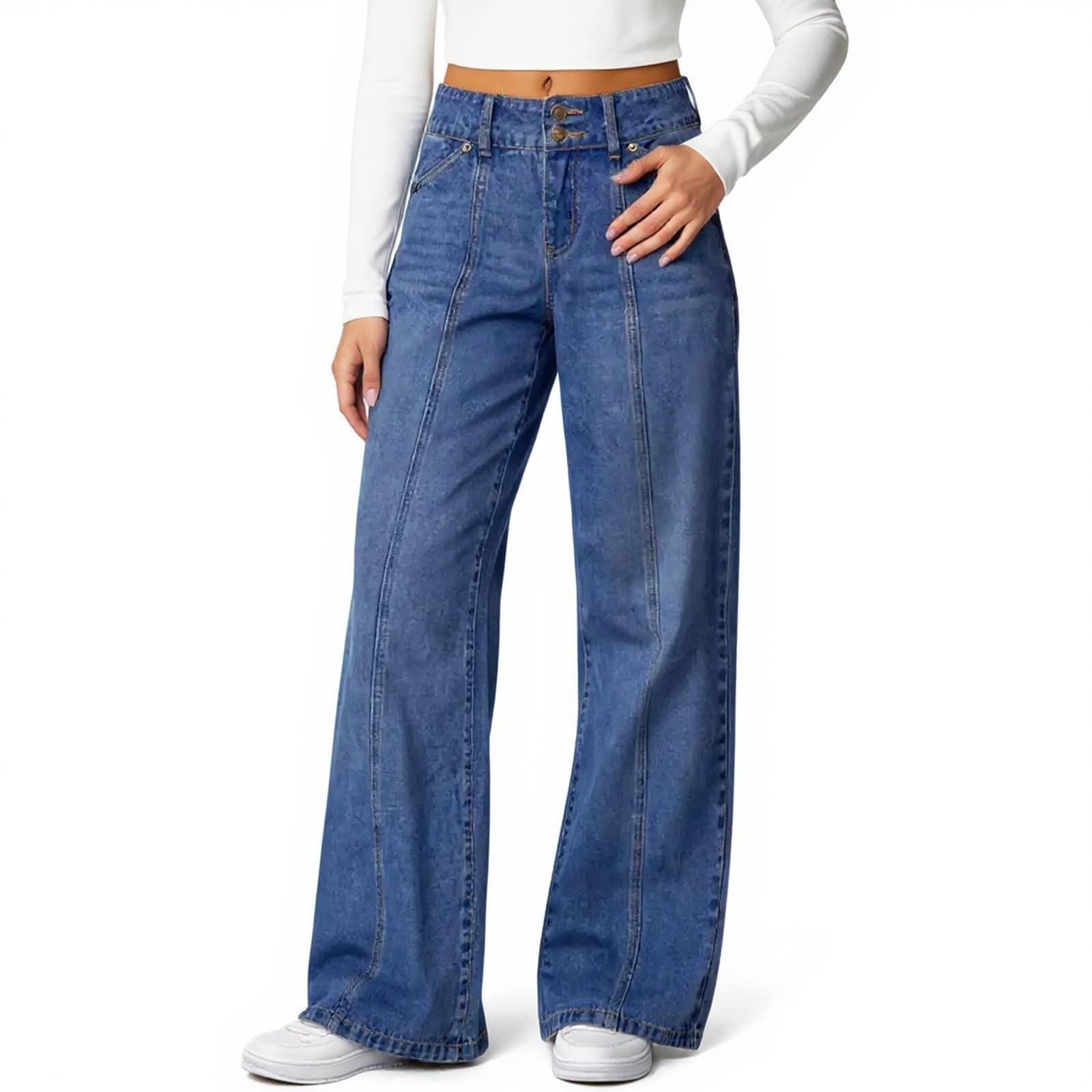 Generisch Szerokie dżinsy damskie Mom Jeans damskie dżinsy z wysokim stanem, spodnie motocyklowe dla kobiet, rozciągliwe, czarne, nadają się do codziennej drogi do pracy