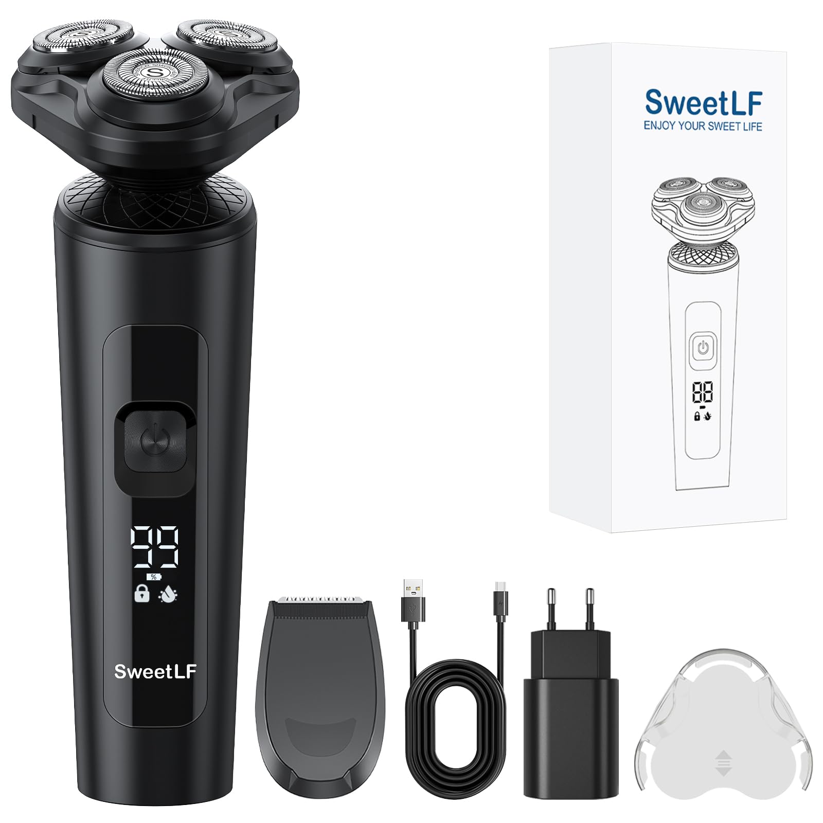 Sweetlf Afeitadora Electrica Hombre,Maquina De Afeitar Hombre, Pantalla Led, Afeitadora EléCtrica En HúMedo Y Seco, Ipx7, Bloqueo De Viaje, Afeitadora Usb-C 120 Min Afeitadora Rotativa Para Hombre