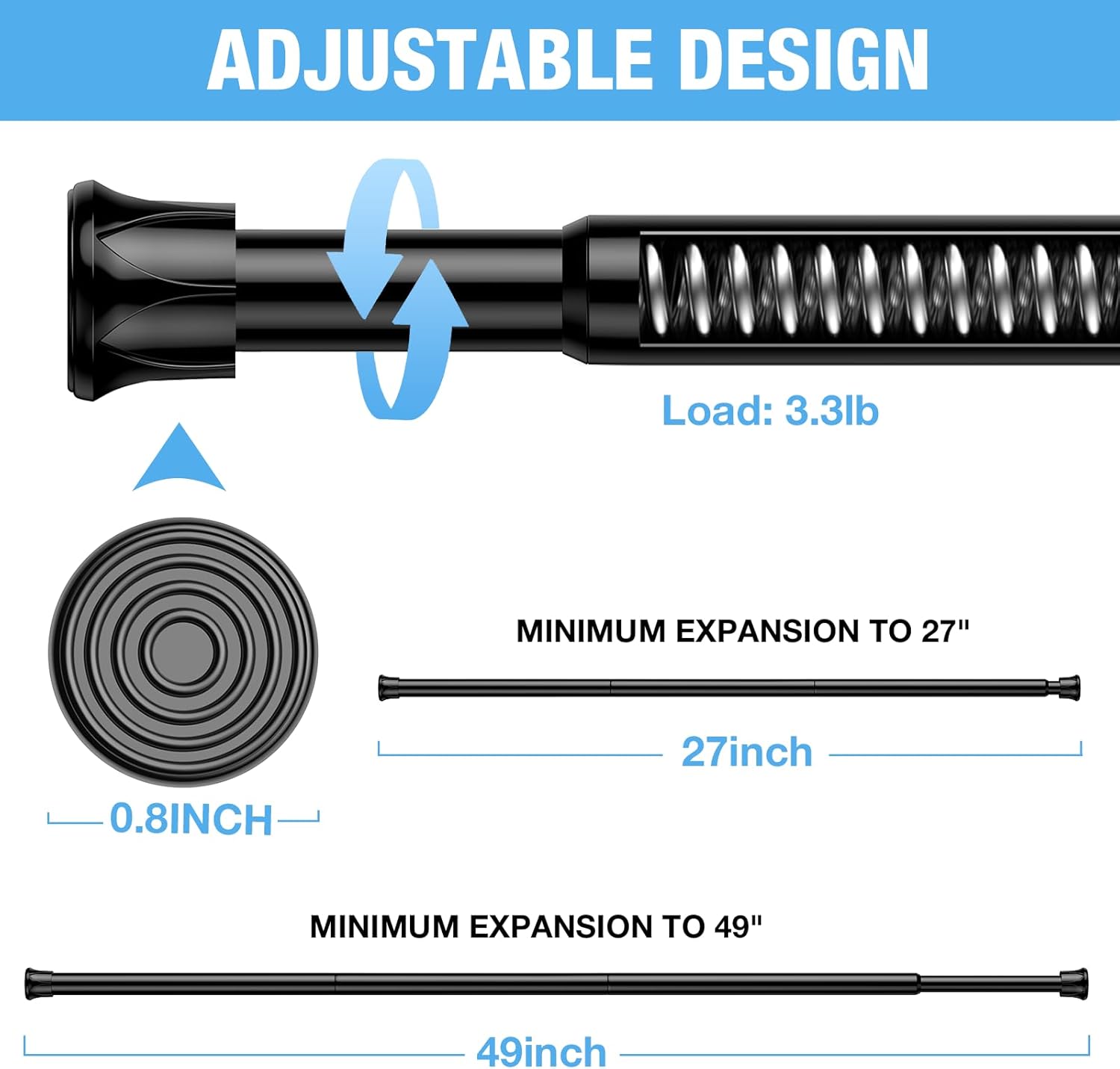 2 pack spring tension rods 28-43 inches,5/8" diameter black spring load adjustable expandable,small short tension curtain rod for windows,kitchen,doorway,bathroom,cupboard bars 28 to 43-2pack black