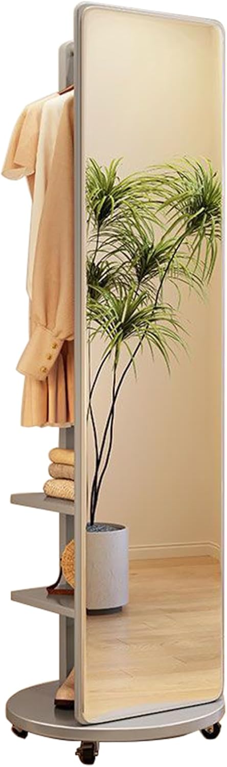 360° Rotatable Full Length Mirror with Coat Rack - White Wooden Floor Mirror for Living Room, Bedroom & Cloakroom - 2-in-1 Standing Mirror and Coat Stand