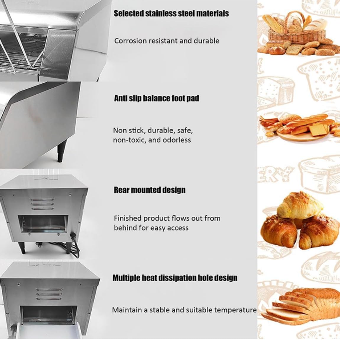 Tostadora de cinta transportadora comercial Tostadora de cinta transportadora para catering Máquina de pan eléctrica de 2240 W 150/300/450 piezas/h Horno tostador automático Control,300