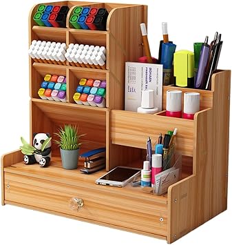 Wooden Desk Organiser, Desktop Storage Box with Drawer, DIY Desktop Tidy Pen Holder, Multi Functional Stationery Organiser for Home Office and School