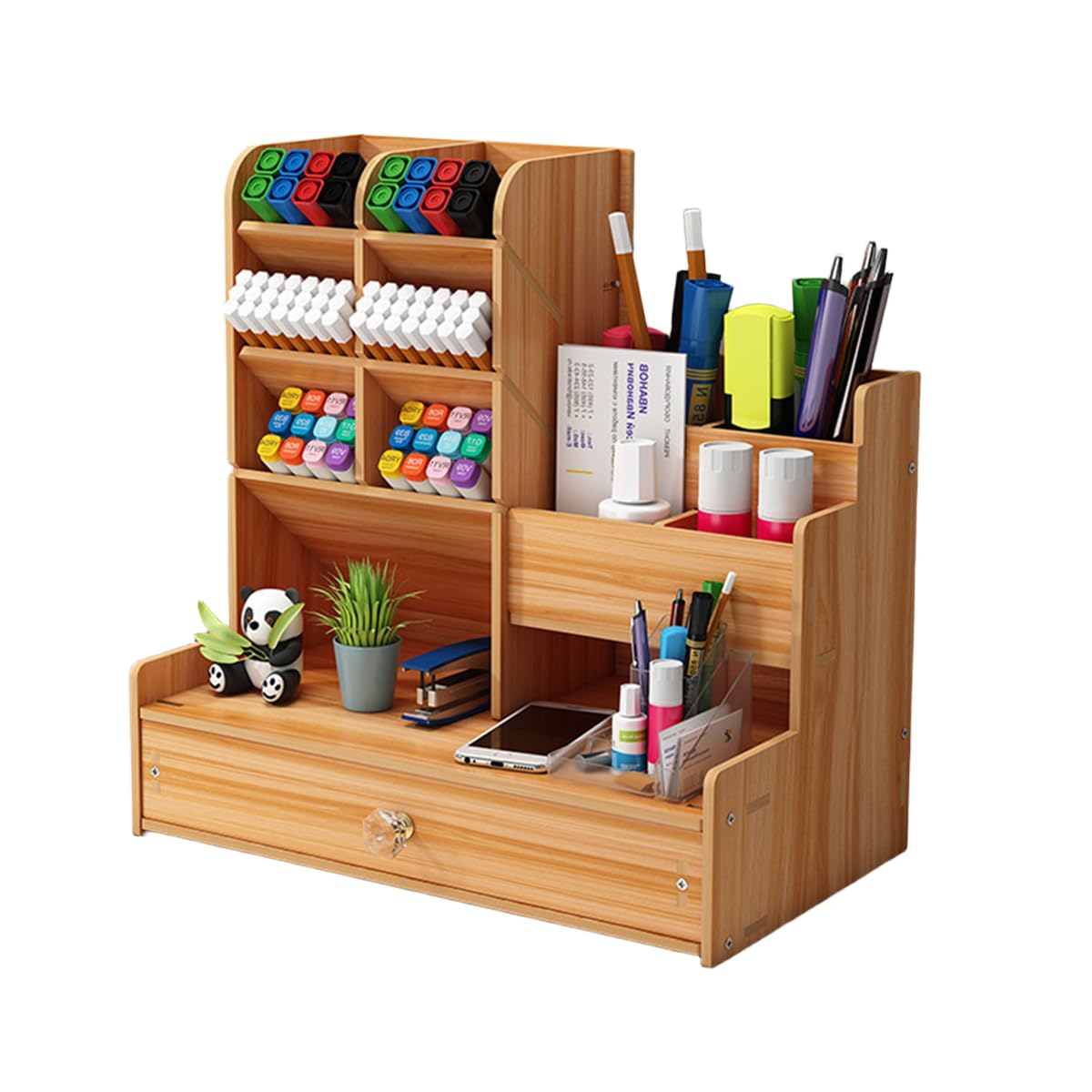 Wooden Desk Organiser, Desktop Storage Box with Drawer, DIY Desktop Tidy Pen Holder, Multi Functional Stationery Organiser for Home Office and School
