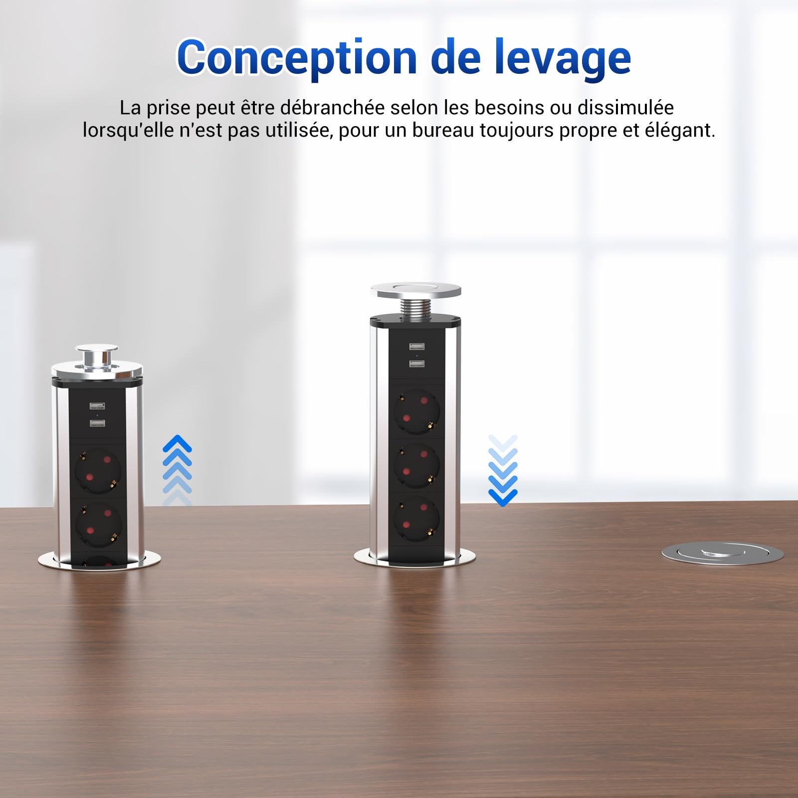Presa a scomparsa piano di lavoro con 3 prese e 2 USB-A | Diametro 80 mm, cavo 1,8 m, multipresa da incasso per cucina, ufficio, camera da letto, soggiorno