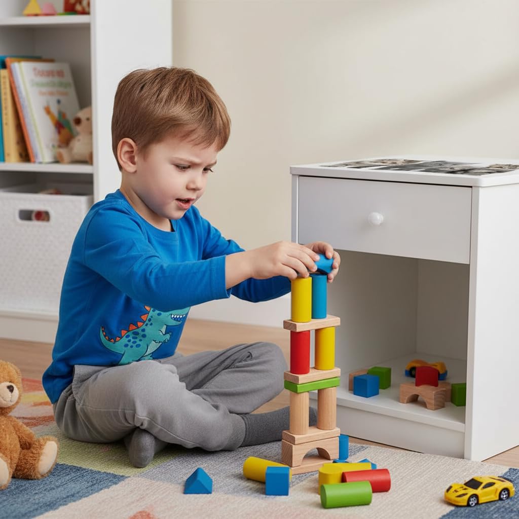Leomark Nachttisch aus Holz - Katzen - Nachtschränkchen mit Schublade, Nachtschrank für Kinder, Weiß Nachtkonsole mit Aufdruck, Höhe: 40 cm