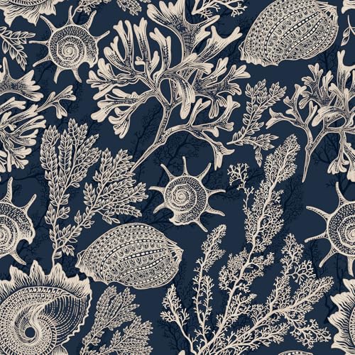 FunStick Papier Peint Adhesif Mural Bleu Salle de Bain Papier Peint Mer Coquillage et Mer Corail Algues Vinyle Adhesif pour Meuble Bleu Marine Papiers Peints...