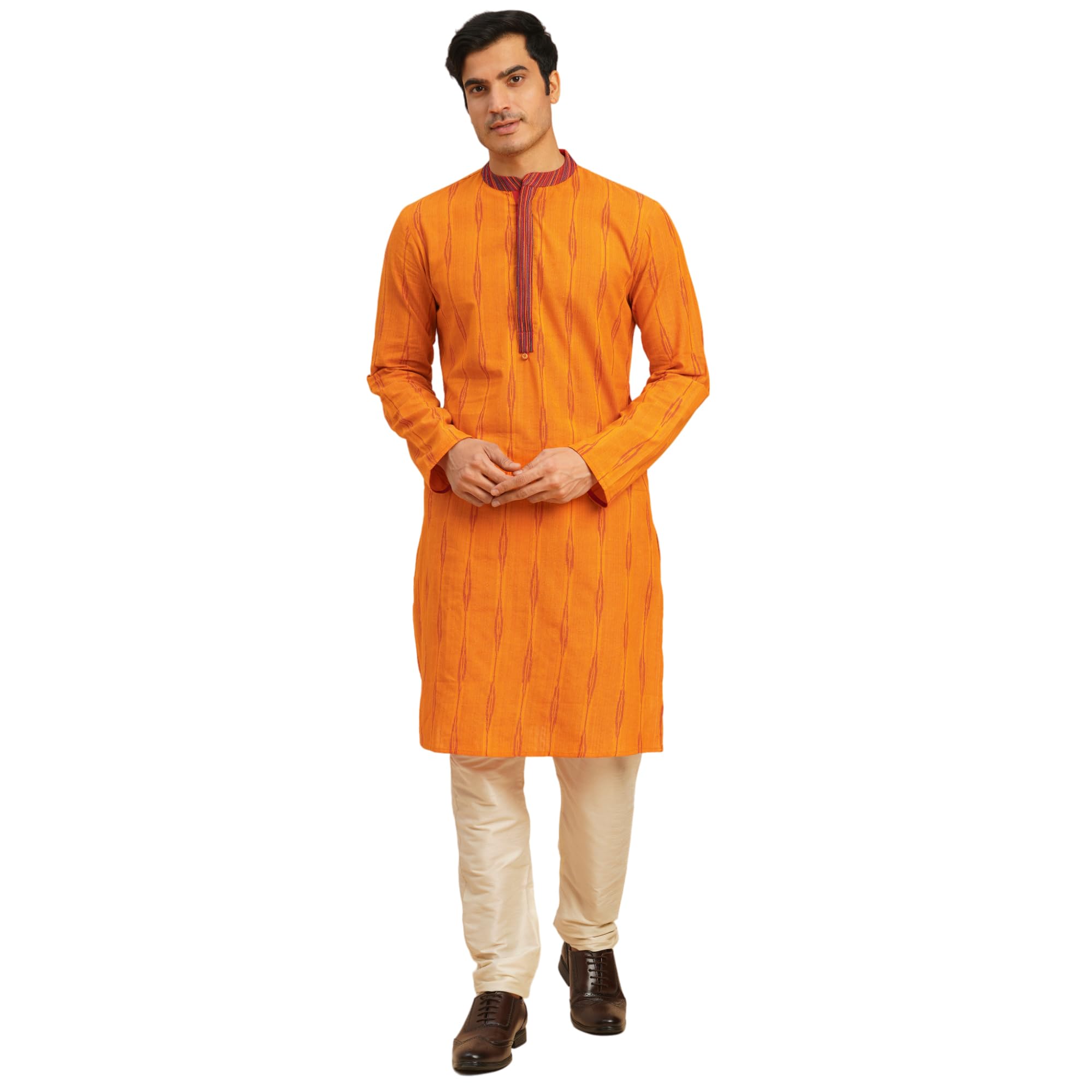 Men’s Orange Cotton Full Sleeve Ikat Weave Long Kurta | Placket Woven Pattern | Regular Fit with Mandarin Collar & Button Closure | Knee Length-image-49
