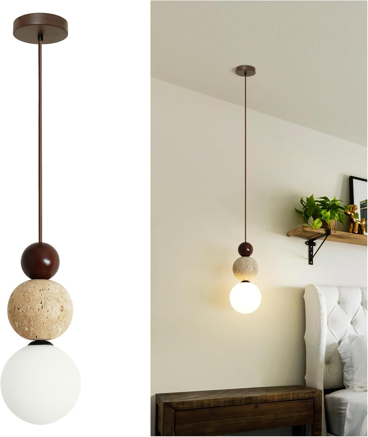 Nordic Stone Pendant Light, Japanese Natural Yellow Travertine Stone Lamp Wabi-Sabi Chandelier Compatible with G9 Bulb Socket, Suitable for Kitchen Island, Dining Room, Bedside, Bar (Walnut Color)