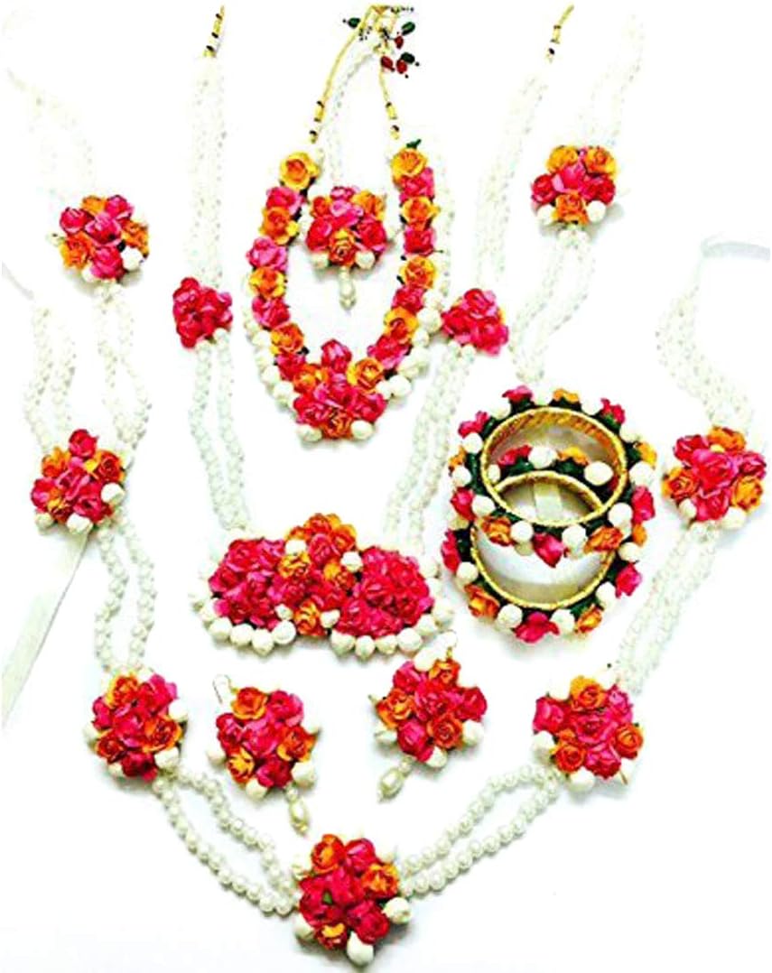 Floret Jewellery Mogra Pearl Pink Orange Complete Flower Jewellery Set With 10 Items For Women & Girls (Mehandi/Haldi/Wedding/Bridal)