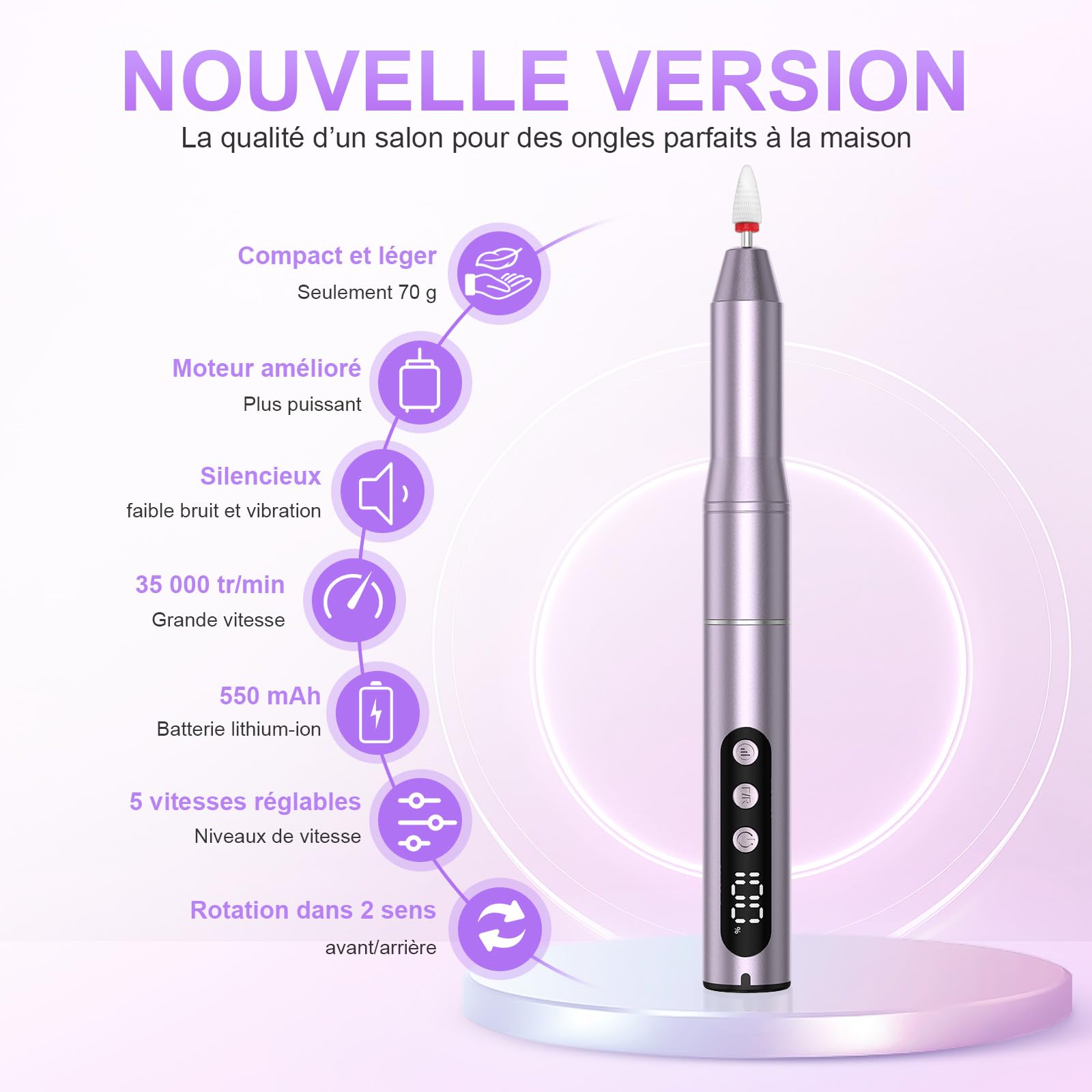 POFIBO Ponceuse pour Ongles Professionnel - 12 en 1 Lime a Ongle Electrique 35000RPM avec LCD écran Numérique, sans fil, 5 vitesses réglables - Kit de Manucure Pédicure Rechargeable Vitesse (Violet)