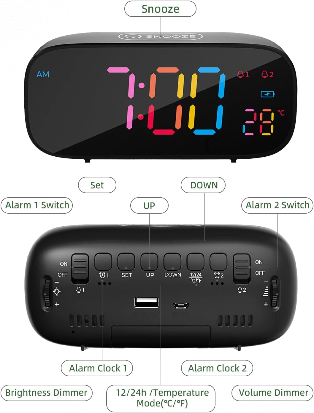 Diagram of the LIORQUE alarm clock showing the top snooze button and the back panel with labeled buttons for Alarm 1, Set, Up, Down, 12/24H/Temperature Mode, Alarm 2, Brightness Dimmer, and Volume Dimmer.