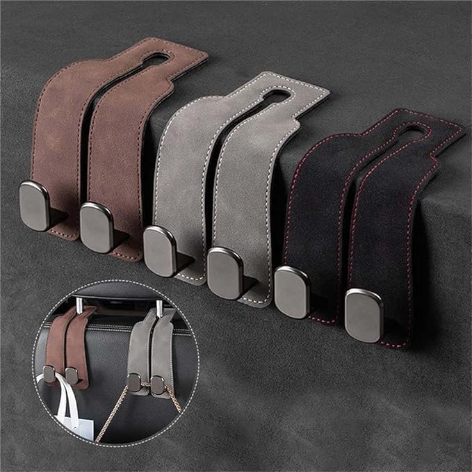 Image of FRONTED 2 Pack Car Seat Headrest Double Hooks Leather Car Back Seat Headrest Hooks for Purses, Bags and Handbags, Car Organization Accessories