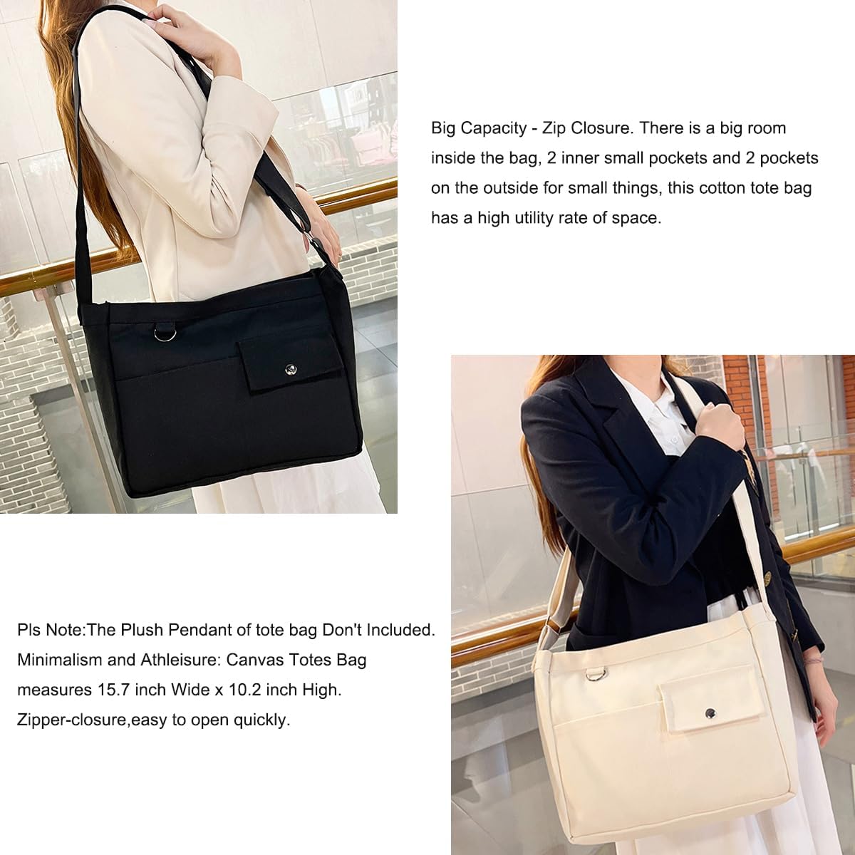 Economical Cotton Canvas Tote Bag,Women Hobo Shoulder Bag Crossbody Handbag with 3 External Pocket,Zipper Closure - Image 4