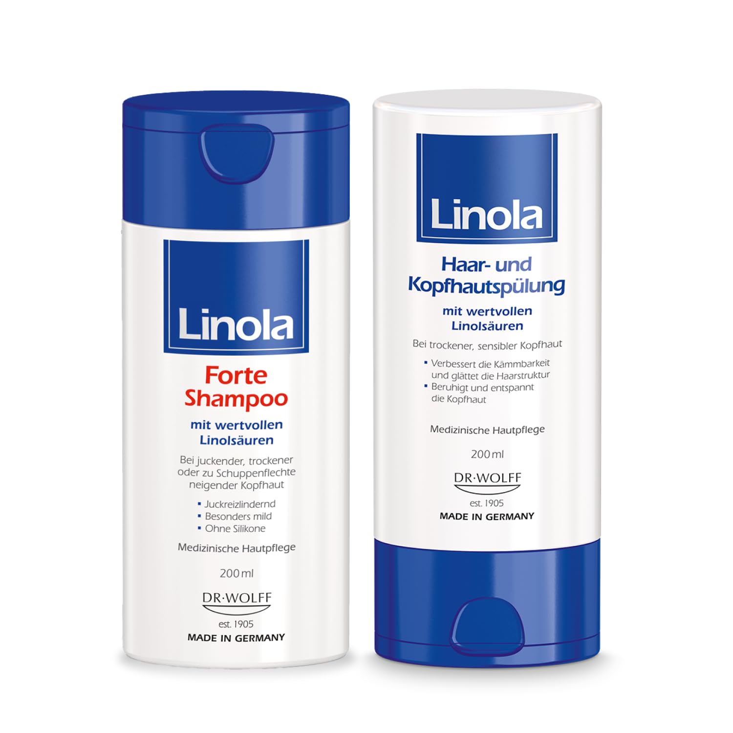 Linola Forte Shampoo & Haar- und Kopfhautspülung - 2 x 200 ml | Dusch-Set gegen Juckreiz und Schuppenflechte | Für entspannte Kopfhaut und geschmeidiges Haar