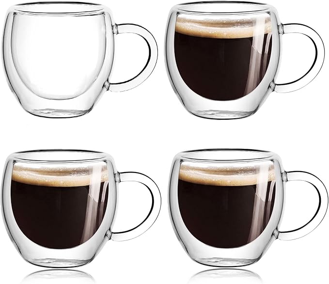 2.5oz Espresso Cups Set of 4 with Handle, Espresso Shot Glasses, Expresso Shots Cup,Clear Double Wall Insulated Espresso Mugs,Tazas de Cafe Expreso, Suit for Espresso Machine, Espresso Essentials