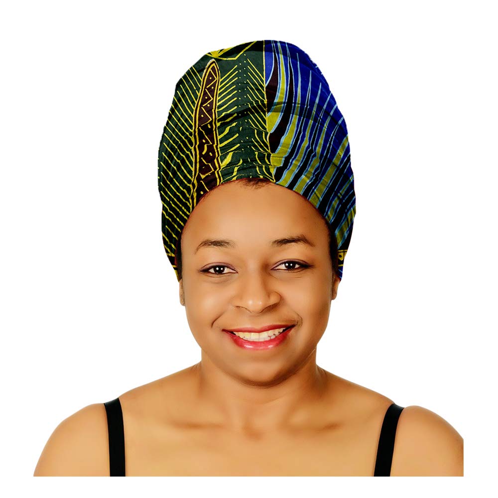 Women Head Scarfs and Wraps Ladies African Print Turban Hats for Girls Ethnic Tribal (Blue, Brown and Yellow)