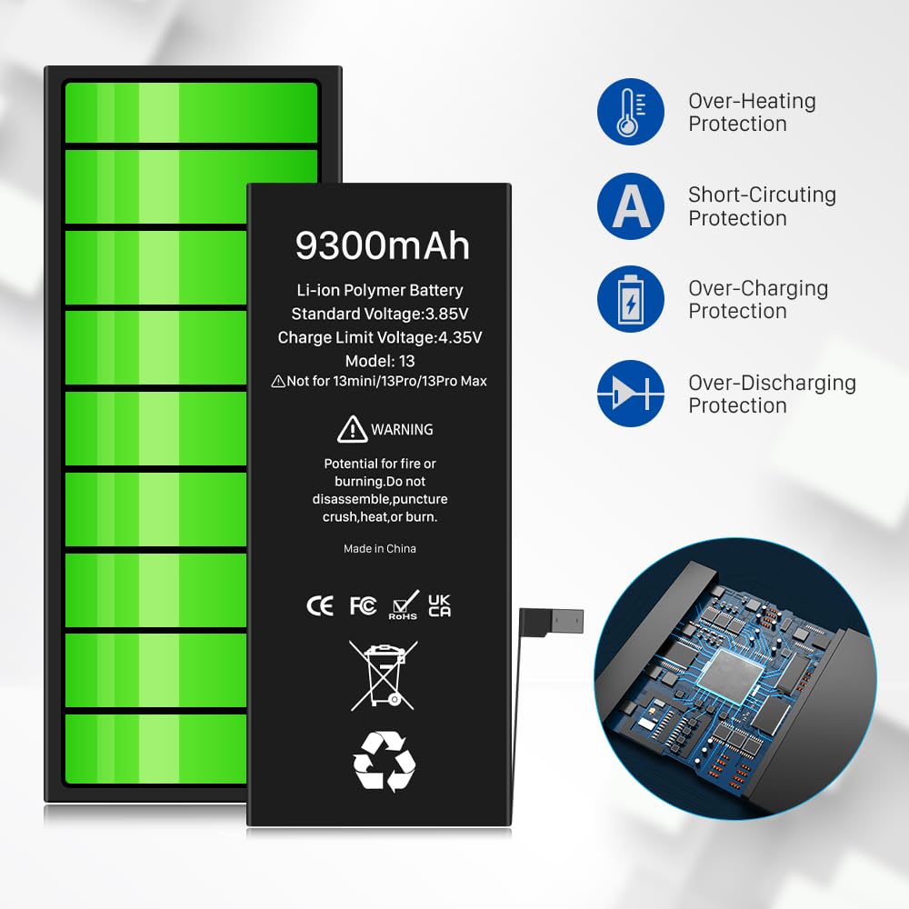 Akku für iPhone 13, 9300mAh hohe Kapazität 2026 Neue 0 Zyklus Batterie-Ersatz für Modell A2633 A2482 A2635 A2631 A2634 mit Reparatur Werkzeug Kits