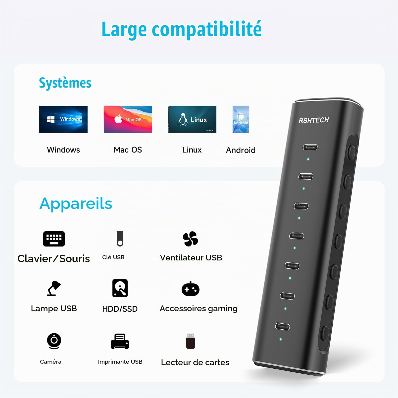 RSHTECH Hub USB C Alimenté 36W, 7 Port Aluminium Hub USB 3.2, RSH-H7C | avec Adaptateur Secteur 12V/3A et Câble 1M pour Ordinateurs Portables/Bureaux Dotés de Ports USB-C et Thunderbolt