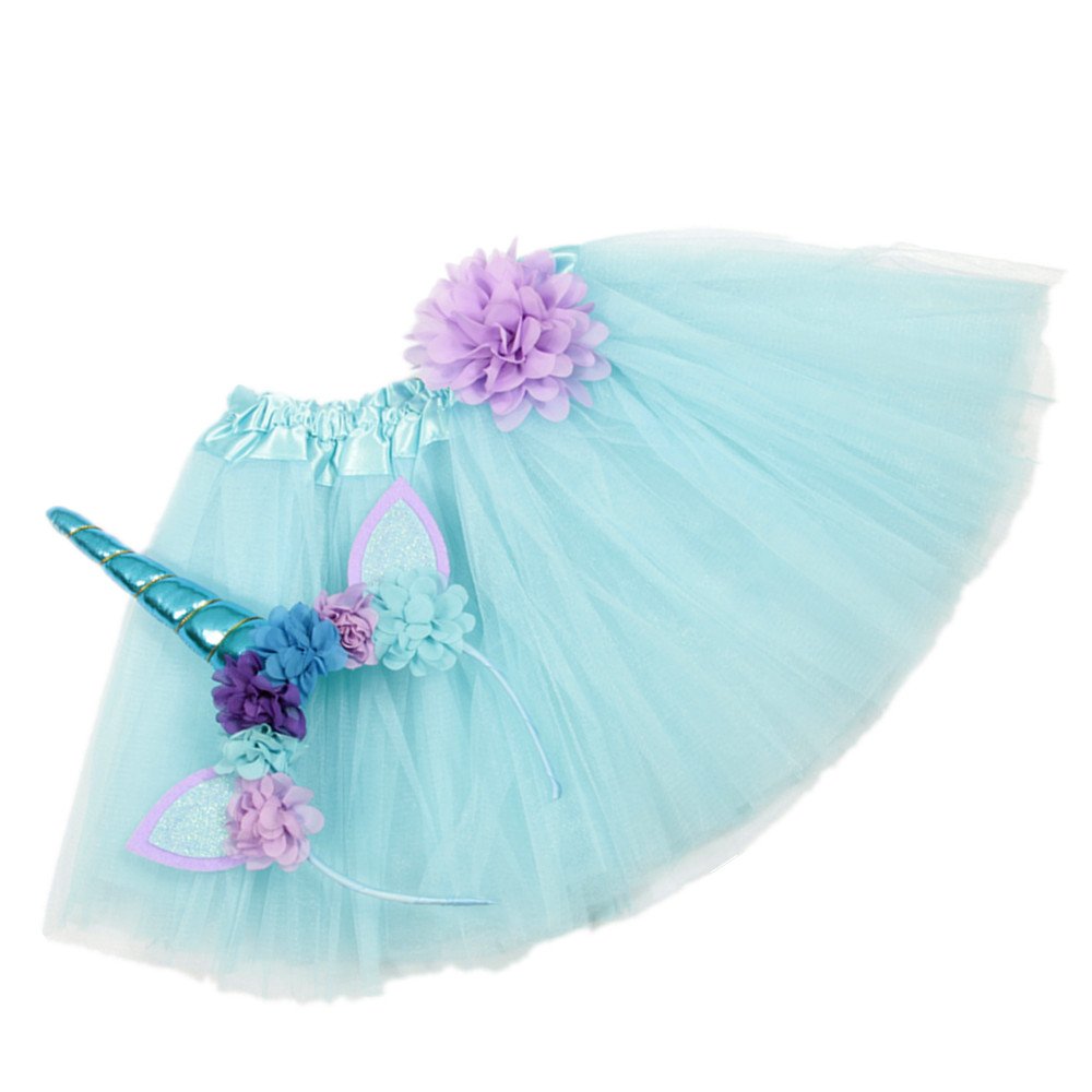Nishine Blue Tutu Skirt Dress + Unicorn Horn Headband Set Kids Birthday Photo Props Outfit