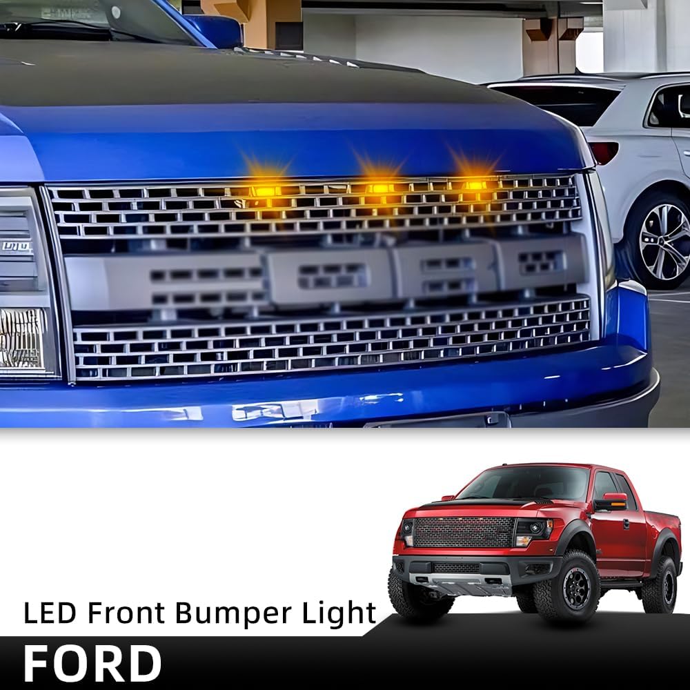 NJSBYL F150 Front Grille Running Light Kits for 2010-2014/2017+ F-ord F150 SVT R.aptor Pickup DRL Daytime Driving Light Kits Lamps F-150 Clear Lens Amber SMD LED Lights