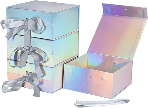 Ditwis Paquete de 4 cajas de regalo de 8 x 8 x 4 pulgadas con tapas de cierre magnéticas, caja magnética plateada arcoíris para bodas, propuestas de