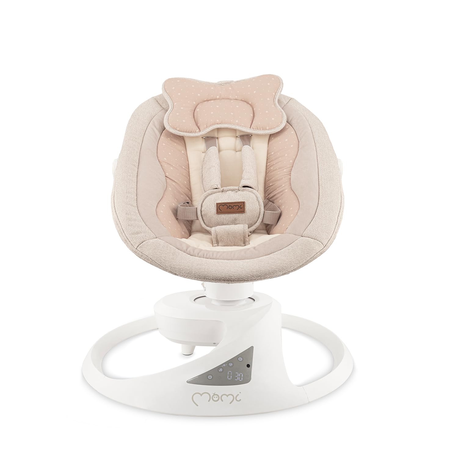 Balancelle MoMi Pearl 9 kg, siège 360°, LED, Bluetooth, télécommande, piles ou secteur, câble USB, harnais 5 points, arche avec jouets
