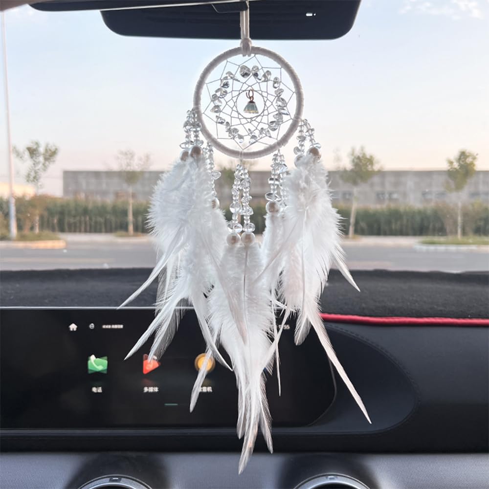 Small White Dream Catcher for Car Rearview Mirror Handmade Beaded Feather Dreamcatcher Car Hanging Ornament Home Room Wall Decoration
