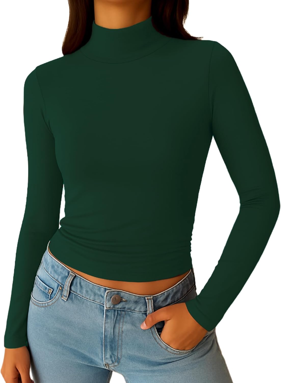 ForeFair Womens Turtleneck Mock Neck Long Sleeve Shirts Going Out Double Lined Crop Tops Slim Fitted Basic Tee