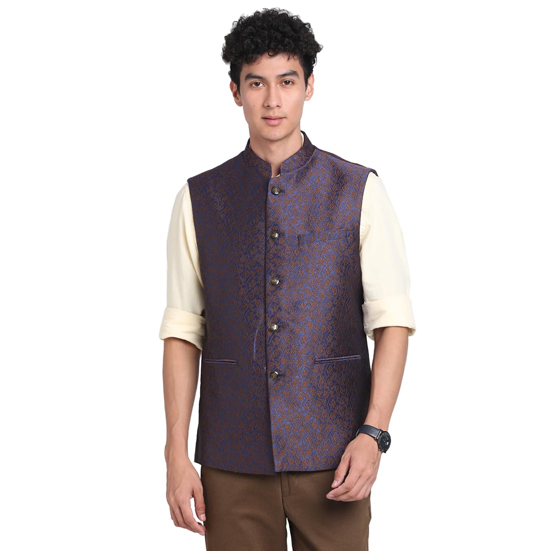 Men Terylene Rayon Blue Printed Formal Nehru Jacket-image-20