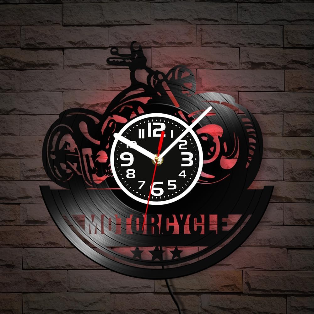 Geek Alerts 12''American Classic Motorcycle Retro LED illumination Wall Clock Made Of Real Vinyl Record,Motorbike Garage Sign Vintage Laser Cut Longplay Silent Quartz Clock Glow in Dark Gift for Biker
