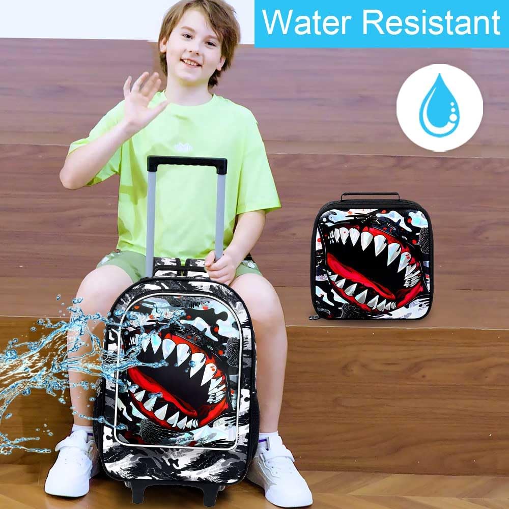 3PCS Shark Rolling Backpack for Boys, Roller School Backpack with Wheels, Kids Wheeled Bookbag for Elementary Preschool Kindergarten(Black)