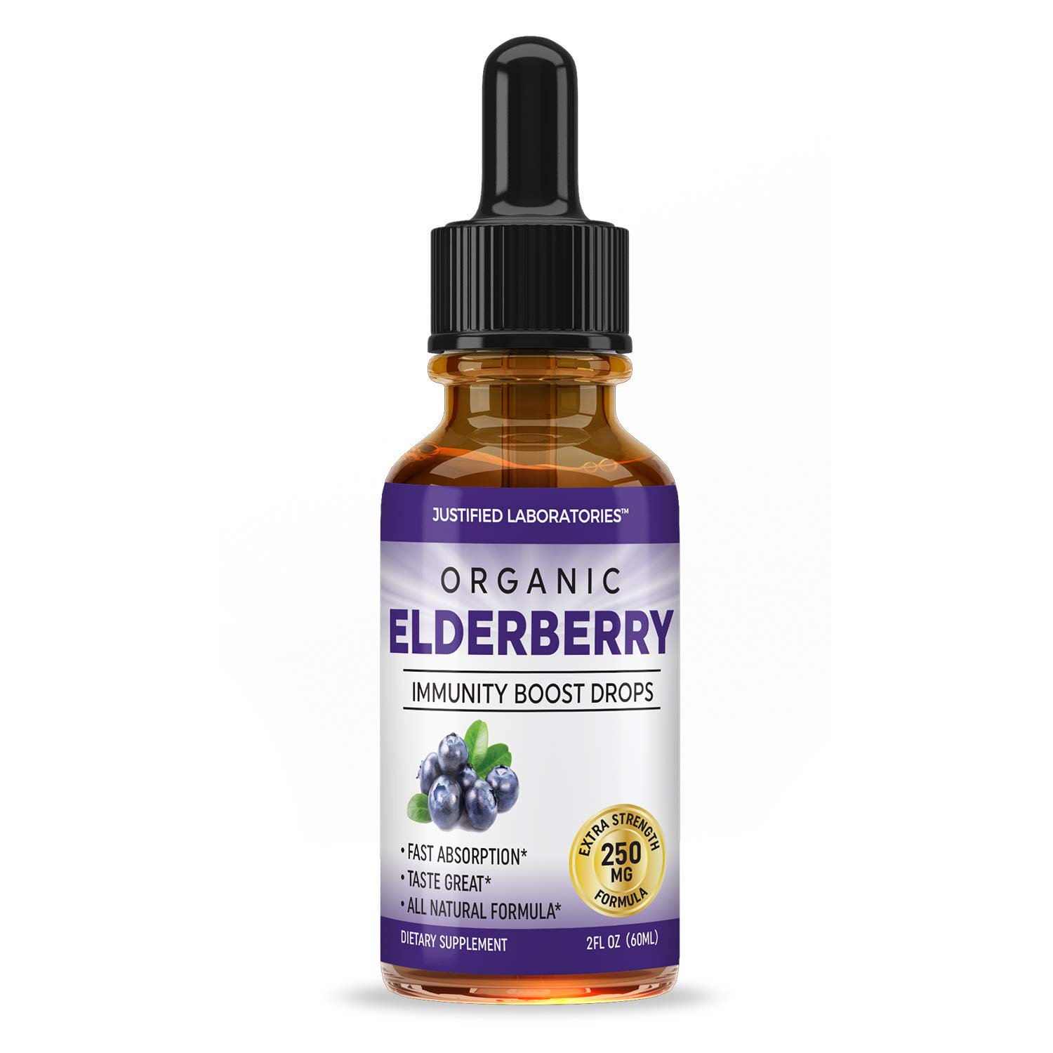 Justified LaboratoriesOrganic Elderberry Drops Liquid Extract Daily Immune System Support 250MG Sambucus Nigra Antioxidant Berry Flavor for Kids & Adults