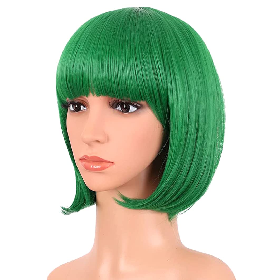 PORSMEER Short Green Bob Wigs for Women Girls Straight Synthetic Hair Wig with Fringe Cosplay Party Costume Replacement Heat Resistant Colorful Hair Wig - Image 2
