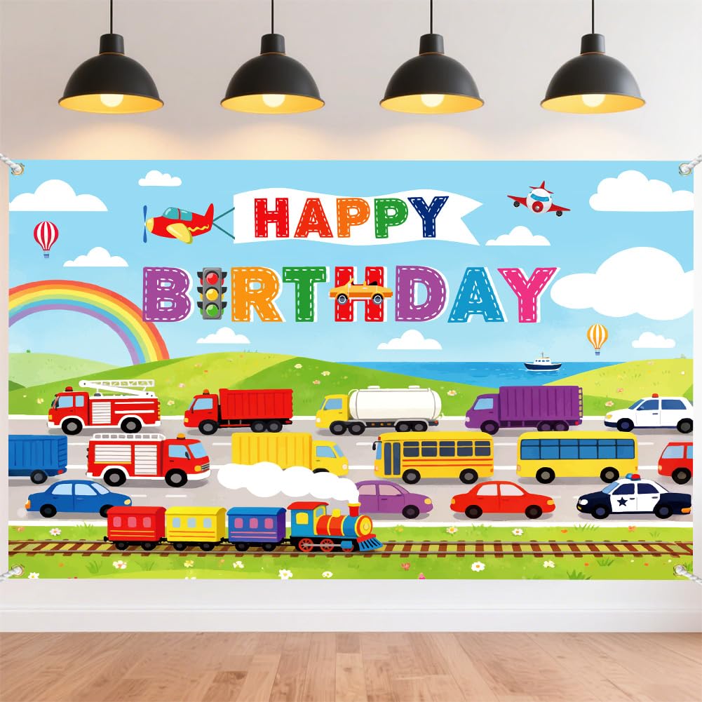 CRAFTYMELODY Transportation Theme Happy Birthday Banner 72×44 Inch Colorful Car Train Plane Party Backdrop Decoraiton Wall Banner Indoor Outdoor with Grommets 3.2 Yard String for Photo Booth Party