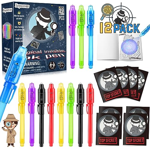 Joycover 12 PCS Invisible Ink Pen with UV Light for Kids, Spy Pens and Notebook, Birthday Party Favors for Kids 4-8, School Prize Goodie Bag Stuffers, UV Pen for Secret Message Escape Room