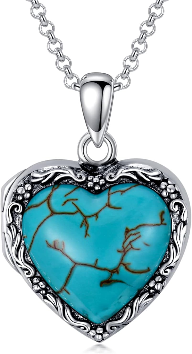 925 Sterling Silver Turquoise Heart Locket Necklace for Women That Holds Pictures Photo Jewelry Birthday Gifts for Women Mom Wife Girlfriend