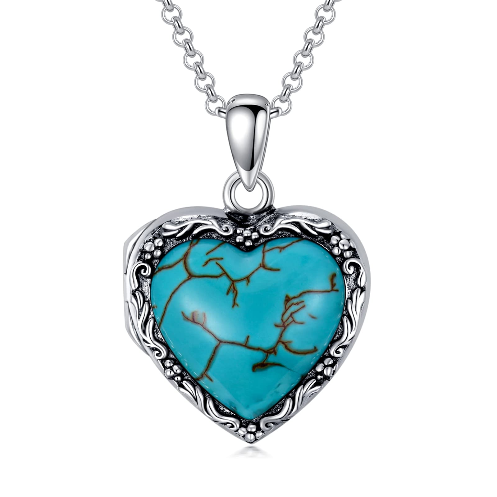 BETHZA 925 Sterling Silver Turquoise Heart Locket Necklace for Women That Holds Pictures Photo Jewelry Birthday Gifts for Women Mom Wife Girlfriend